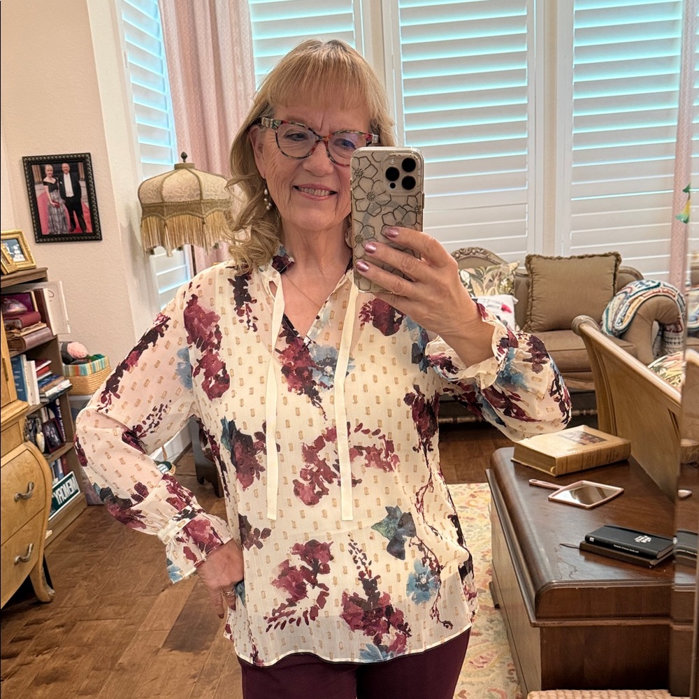 Soft Surroundings Cream Floral Tie-Neck Blouse with Burgundy & Teal Accents